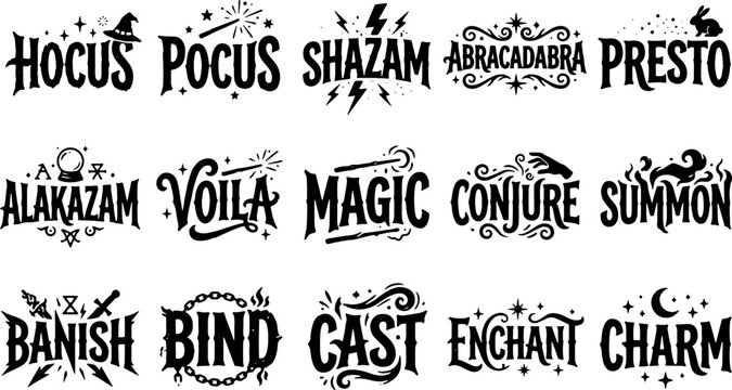 Spellcasting magical words collection, hand-drawn typography and lettering for design