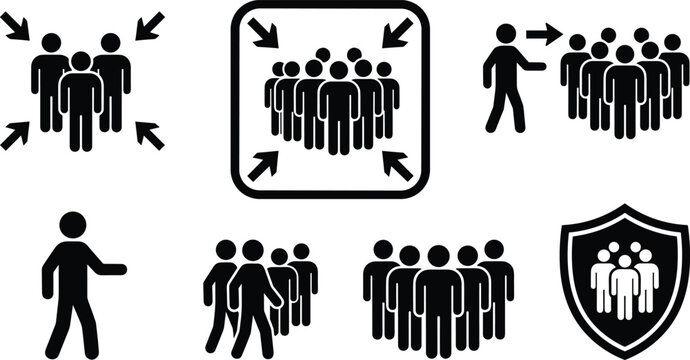 Assembly Point and Safety Meeting Icon Set with Gathering Crowd People Group Arrows Shield Protection and Leader Guidance Symbols for Public Evacuation Sign Designs