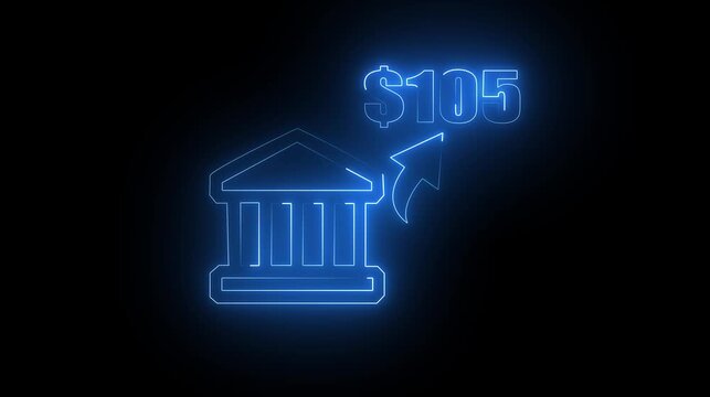Abstract neon light bank house icon animation. Banking and Finance Concept Icon personal savings bank account money doodle concept with black background .150 dollar icon.