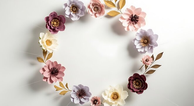 Paper flower wreath arrangement on white background