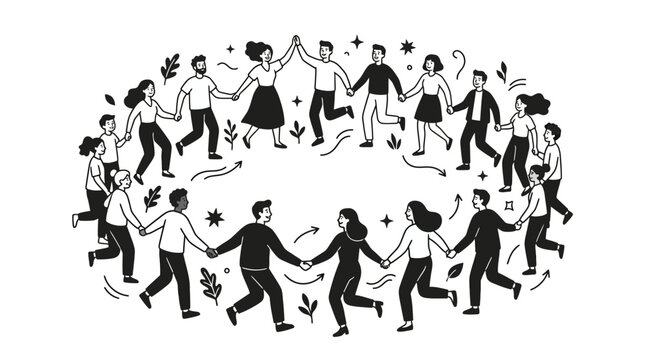 People join hands in a circle dancing with joy and celebration outdoors with friends.