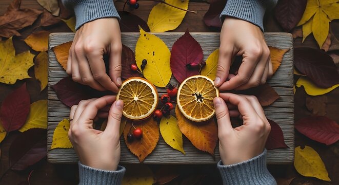 Autumn flatlay with dried oranges leaves and hands