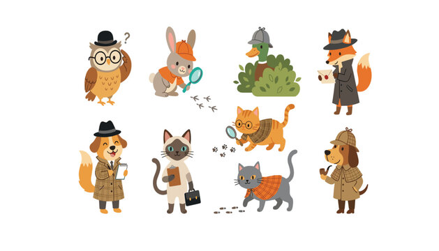 Cute cartoon animal detective vector set featuring smart fox dog cat owl and rabbit investigators searching for secret clues