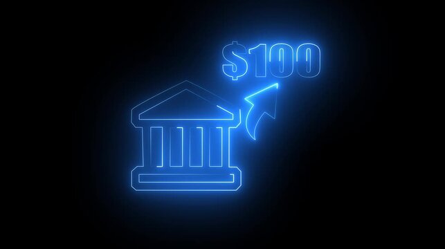 Abstract neon light bank house icon animation. Banking and Finance Concept Icon personal savings bank account money doodle concept with black background .100 dollar icon.