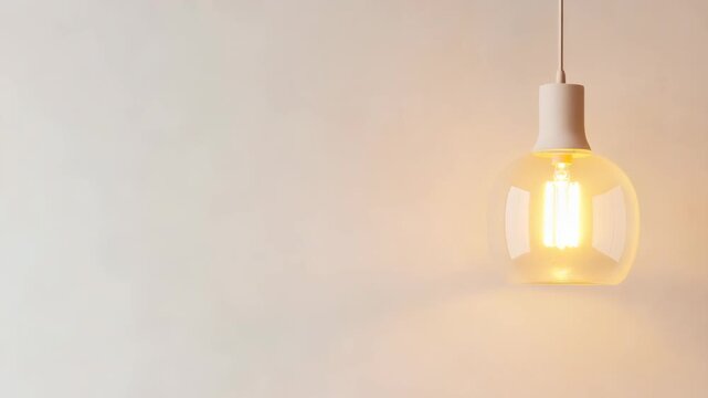 A light fixture is shown in four frames. The bulb turns on and off. The background is plain. The action happens in a small indoor space. Each frame shows a different moment