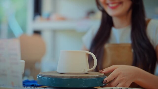 Closeup - Cheerful Asian woman proudly showing handmade ceramic mug in pottery studio, creative hobby and artistic lifestyle in modern craft workshop	
