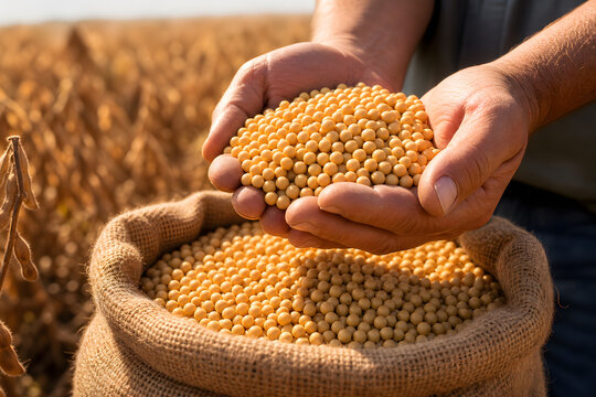 Farmer hands scooping ripe soybeans from burlap sack in harvested field, showing abundance and crop yield