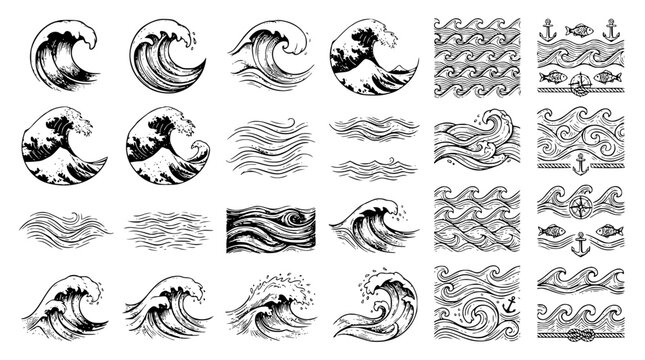 Vintage hand drawn ocean wave icon set featuring japanese style sea surges borders and anchors for marine graphic design projects