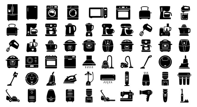 Home appliances and kitchen electronics silhouette icon set featuring refrigerator microwave washing machine oven and vacuum cleaner symbols