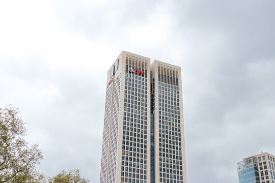 Frankfurt, Germany- April 19, 2025: OpernTurm building housing UBS Group AG offices, a Swiss multinational investment bank and financial services firm Frankfurt location opposite Alte Oper