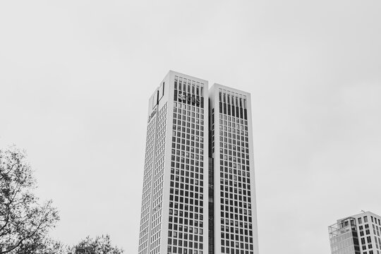 Frankfurt, Germany- April 19, 2025: OpernTurm building housing UBS Group AG offices, a Swiss multinational investment bank and financial services firm Frankfurt location opposite Alte Oper