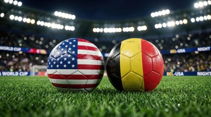 Fototapeta premium USA vs. Belgium Football Rivalry: Flag-themed soccer balls on a vibrant green stadium pitch under bright lights, symbolizing international sports competition and the World Cup.