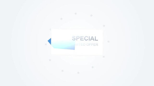 Minimalist motion graphic display featuring a white rectangular card with SPECIAL LIMITED OFFER text in light blue, surrounded by a circular star pattern on a clean white background.