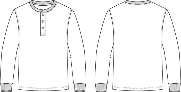 Professional technical fashion sketch of a mens long sleeve henley shirt, front and back views