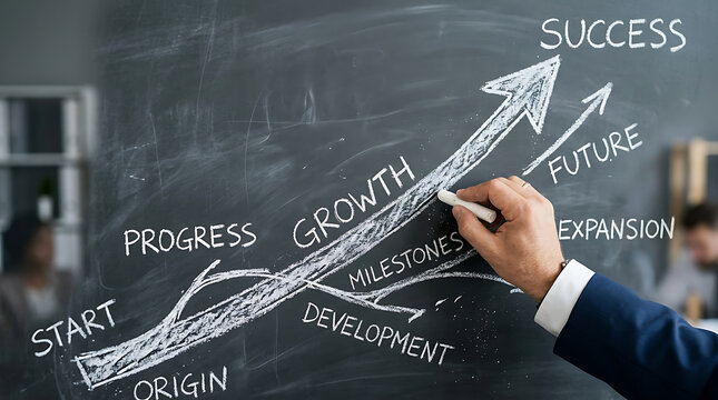 Hand drawing upward arrow graph with business growth concepts on chalkboard during meeting