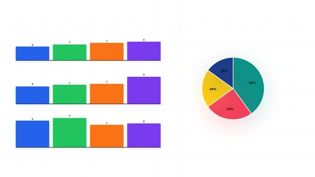 Dynamic motion of colorful bar graphs and pie chart in animated data visualization scene.
