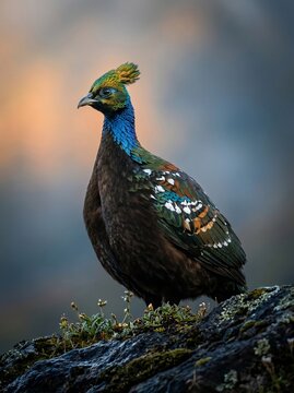 Himalayan monal bird perched on a rock with colorful feathers
