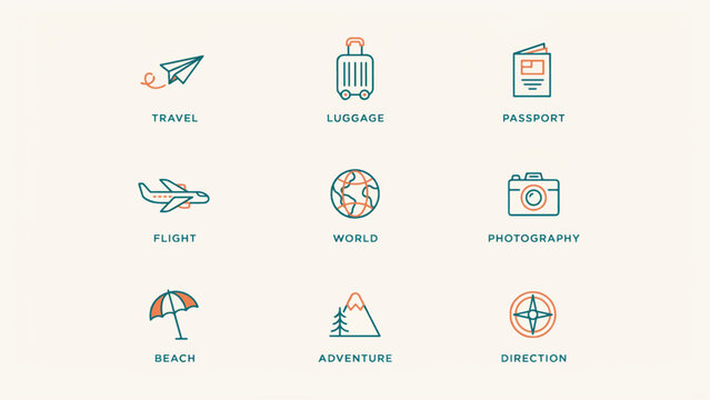 Set of nine colorful travel and adventure icons featuring airplane luggage passport flight globe camera beach mountain compass