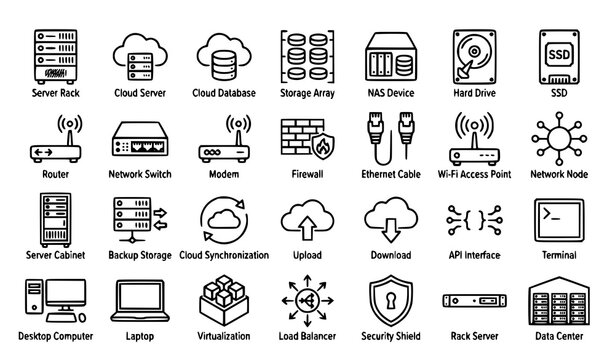 Minimal technology and networking vector icon set with servers cloud storage databases and modern infrastructure symbols isolated on white background