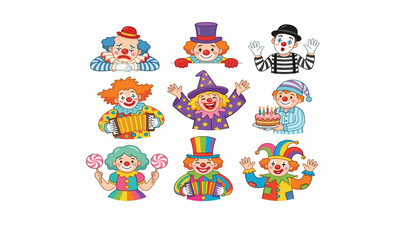Fototapeta premium Cute cartoon circus clown vector set featuring funny mime accordion player wizard and birthday characters with lollipop cake