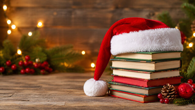 Red Santa Claus hat placed on top of stack of books on rustic wooden table Christmas holiday decoration pine cone berries warm bokeh lights background winter reading education leisure time cozy