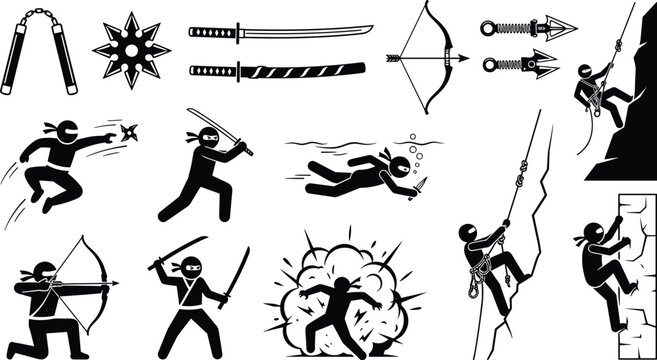 Ninja stick figures pictogram icon set showing ancient assassin weapons combat skills climbing swimming stealth actions vector