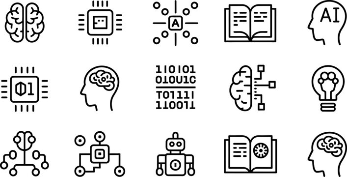 AI technology with brains chips robots and learning symbols on white artificial intelligence