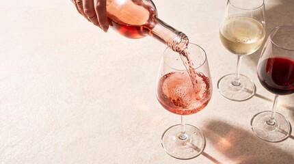 Obraz premium Rose Wine Pour: A hand elegantly pours rosy rosé wine into a crystal glass, alongside glasses of white and red wine, suggesting a sophisticated wine tasting experience.