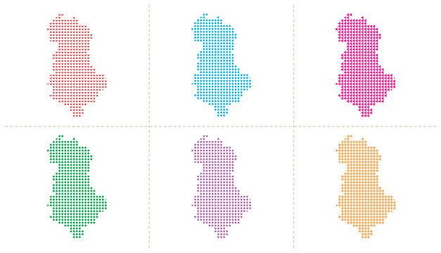 Albania map created using varied geometric symbols in a flat vector illustration set.