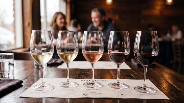 Wine Tasting Experience: A curated selection of five wine glasses, showcasing white, ros&eacute;, and red varieties, are artfully arranged on a wooden table.