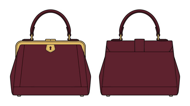 Burgundy handbag with clasp and handle flat vector illustration
