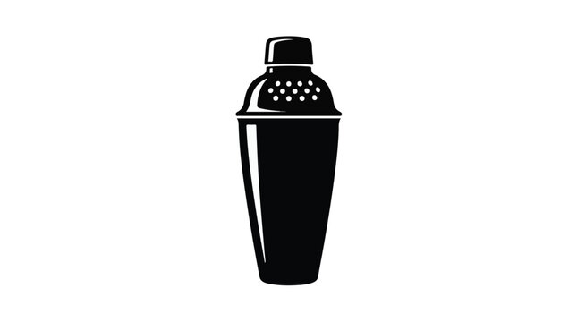 Black cocktail shaker icon with strainer, modern bar tool, mixology equipment, isolated on white background, vector illustration for drink recipe, bartending, or menu design