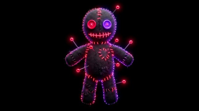 Surreal 3D render of a voodoo doll on black background with glowing pink and purple neon stitched lines and radiant pin heads, perfect for cyber-horror aesthetics