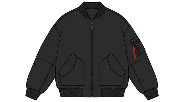 Black bomber jacket illustration flat vector graphic with red accent details