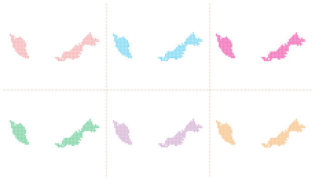 Malaysia map vector illustration set featuring colorful dotted silhouettes in multiple styles.