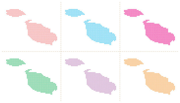 Malta map vector illustration set featuring colorful dotted silhouettes in multiple styles.