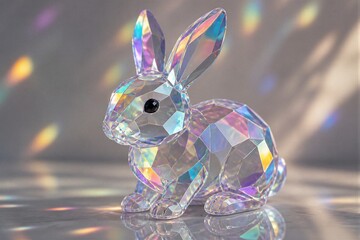 Obraz premium A crystal rabbit is placed on a table in a bright room. The sunlight passes through and creates colorful reflections on the surface. The scene looks lively and vibrant.