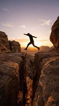 Man jumping across rocky mountain gap at sunset