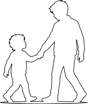 Minimalist continuous line art of big brother walking holding hands with little brother, vector template