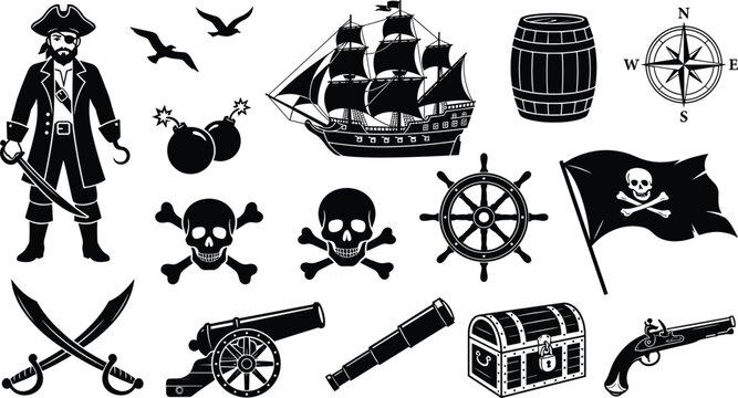 Pirate captain nautical elements silhouette vector set showing vintage ship jolly roger flag skull treasure chest sword cannon