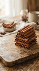 Fototapeta premium Stacked cinnamon sticks on wooden cutting board