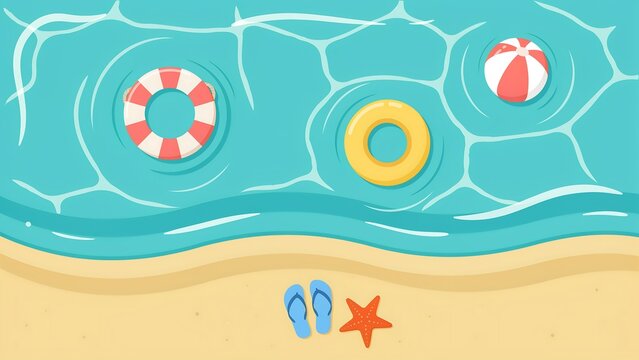 Summer pool scene with floats beach accessories and turquoise water