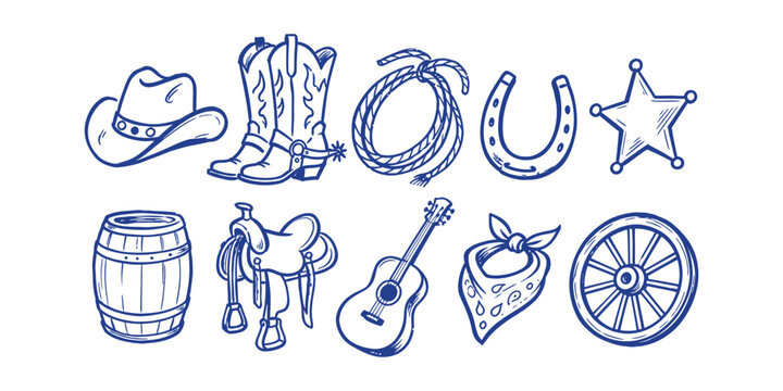 cowboy wild west element collection hand drawn doodle icon set vector illustration
