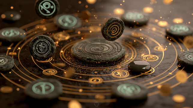Ancient rune stones floating around central casino relic, glowing symbols, gold particles, coins, glossy buttons, mystical ambiance, fantasy atmosphere, loop-ready circular composition, no text, no