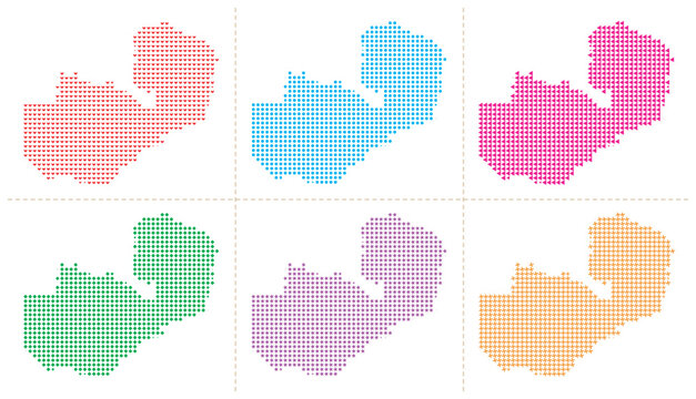 Zimbabwe map with set of six artistic dotted vector illustration designs for graphic work.