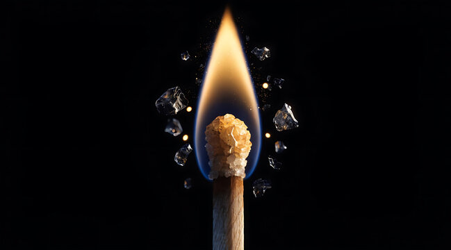 Ignited match macro with blue flame and sparkling fragments on black background for luxury advertising concept