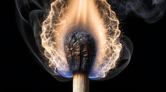 Burning match head macro with smoke on black background, dramatic fire and charred wood