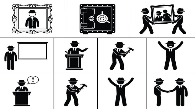 Stick figure auctioneer crime storyboard set showing safe painting theft auction speech presentation hammer bidding and corporate deal