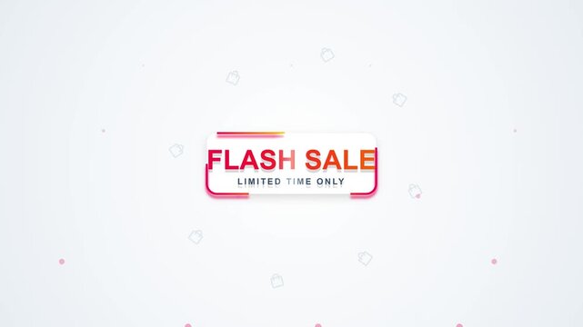 4K motion graphic animation of a flash sale banner with red and orange gradient text on a clean white background with subtle shopping bag icons for e-commerce advertising and retail promotions.