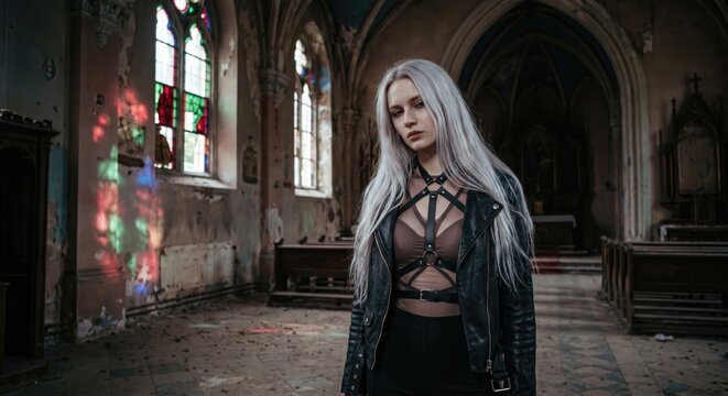 Abandoned church woman gothic style stained glass windows